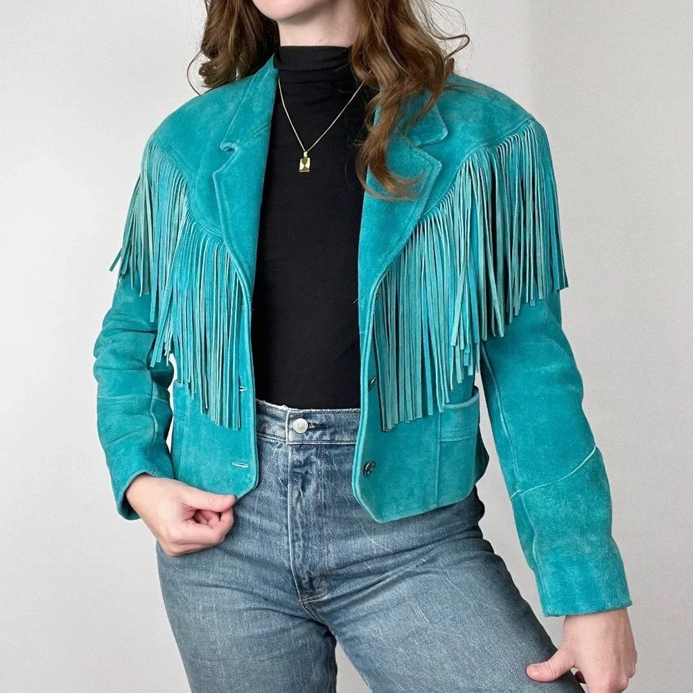 Vintage Suede Leather Fringe Jacket Western Boho Coat Blazer Festival Bohemian - Picture 4 of 9